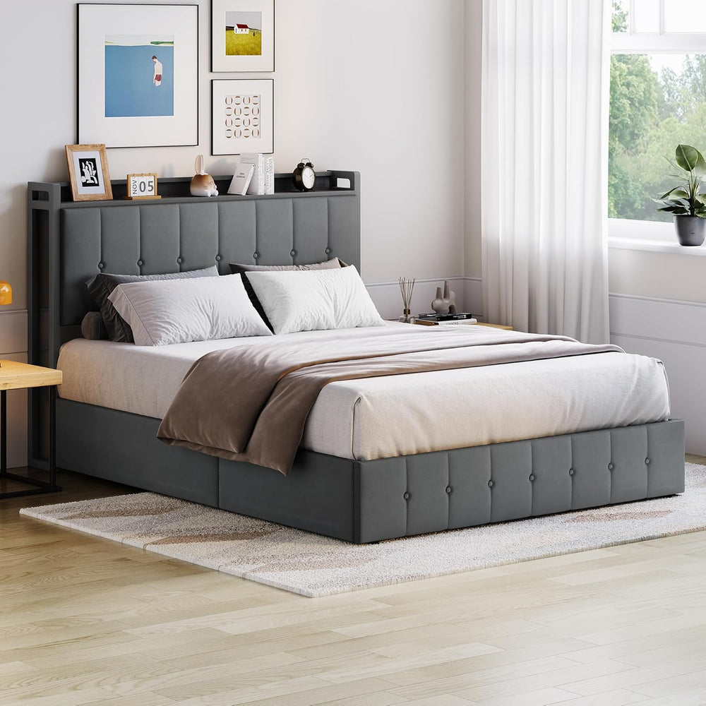 IDEALHOUSE Queen Upholstered Velvet Bed Frame with Lift Up Storage, Grey