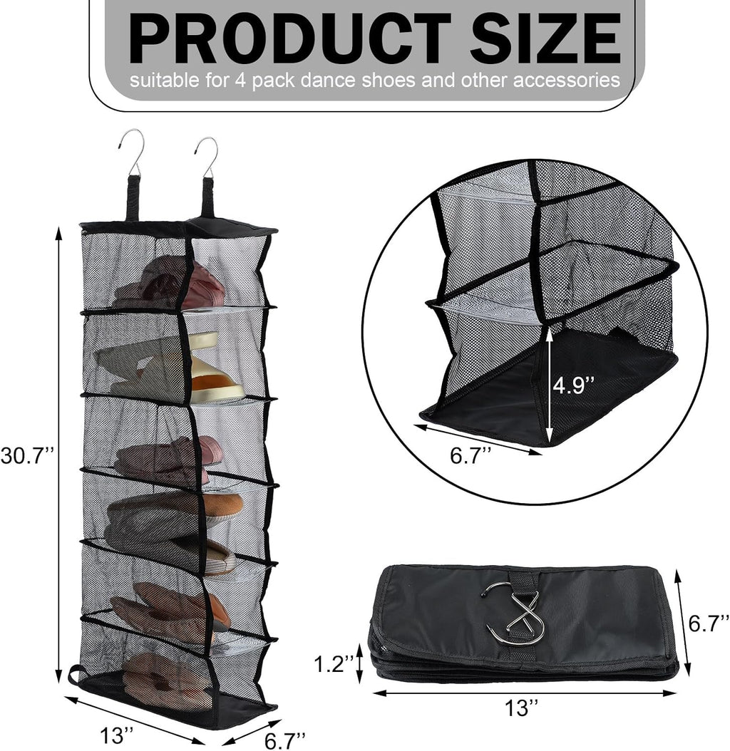 Aliceset 6-shelf Hanging Shoe Organizer for Dance Bags, Collapsible Hanging Shoe Rack with Transparent Shelves and Mesh Sides, Travel Backstage Accessories, Dance Bag Accessories
