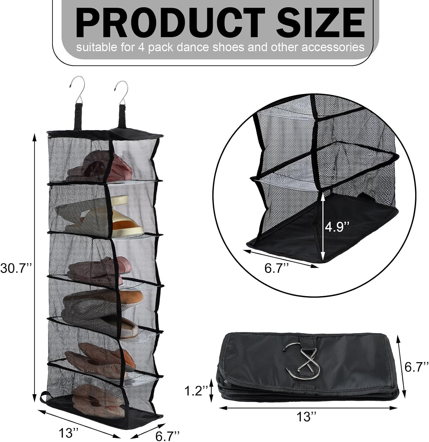 Aliceset 6-shelf Hanging Shoe Organizer for Dance Bags, Collapsible Hanging Shoe Rack with Transparent Shelves and Mesh Sides, Travel Backstage Accessories, Dance Bag Accessories