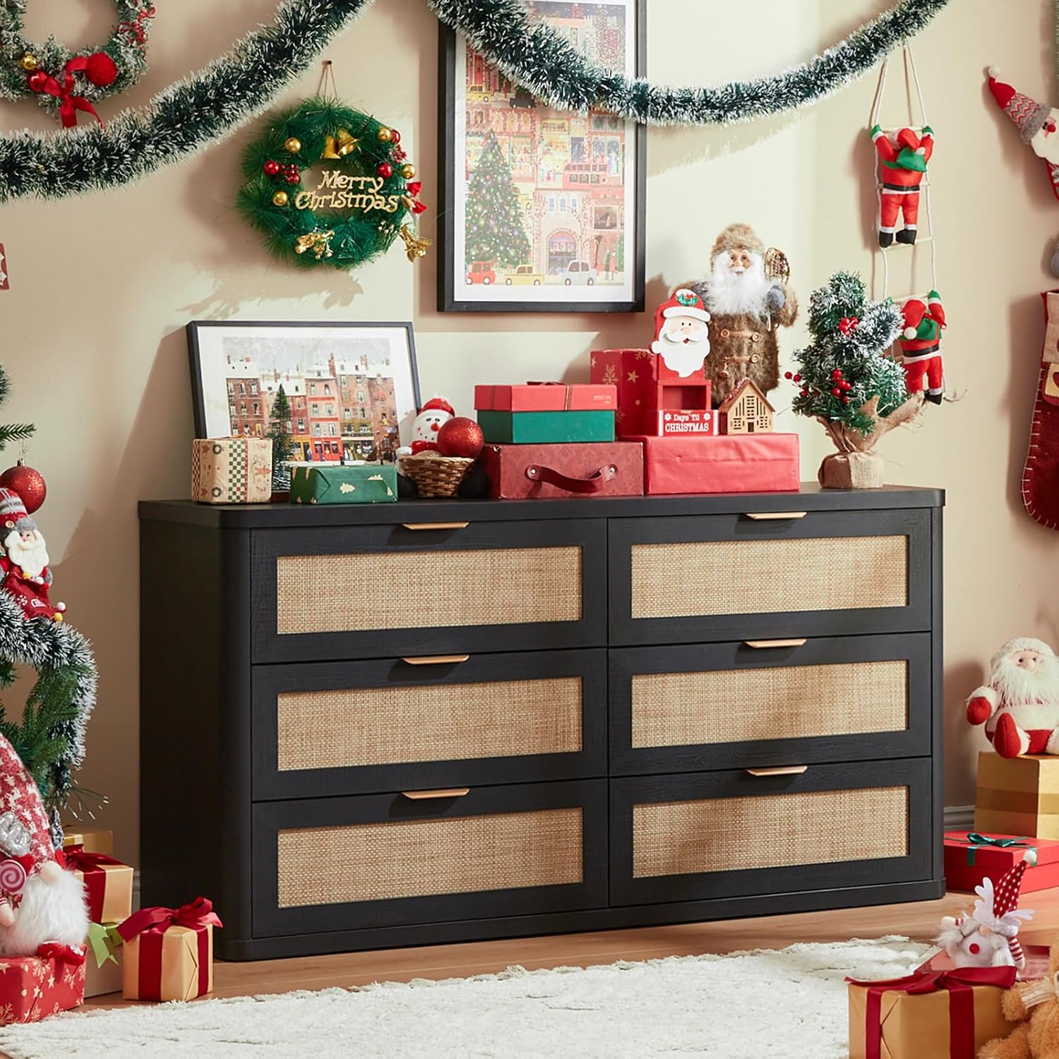 LEYAOYAO Rattan 6 Drawer Dresser for Bedroom, Boho 54" Wide Black Dresser Chest of Drawers, Dressers TV Stand with Metal Handle, Storage Dressers Closet Organizer for Living Room, Hallway