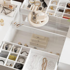 AGOTENI 62" W Closet Island with 14 Drawers, Glass Top & Drawer Organizers, Modern Wooden Armoire Wardrobe Storage Island with Open Shelf for Walk-in Closet Bedroom, White