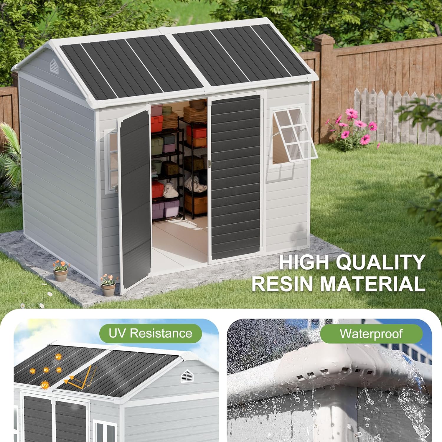 8x6x7 FT Resin Storage Shed, Waterproof Outdoor Storage Shed w/Floor, 2 Adjustable Openable Windows, Double Lockable Doors & Vents, Tool Shed for Patio Garden, Lawn, Backyard, Gray