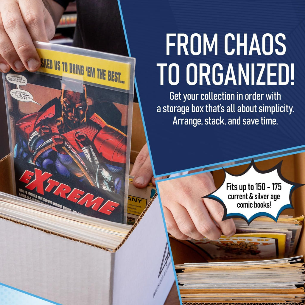 Bundle Set Premium Short Comic Book Storage Box Organizer with Lid | Thick Cardboard Comic Storage Box For Collectibles Fits 150-175 Current/Silver Age, Heavy Duty & Stackable.