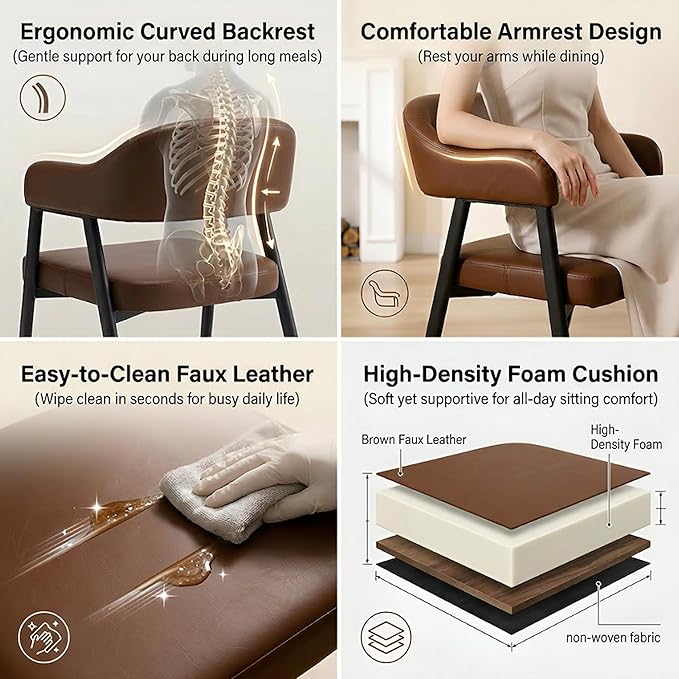 HNY Modern Dining Room Arm Chairs Set of 6, Retro Faux Leather Upholstered Ba...