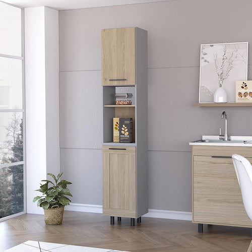 2 Door 2 Shelf Kitchen Pantry Light Pine and Gray