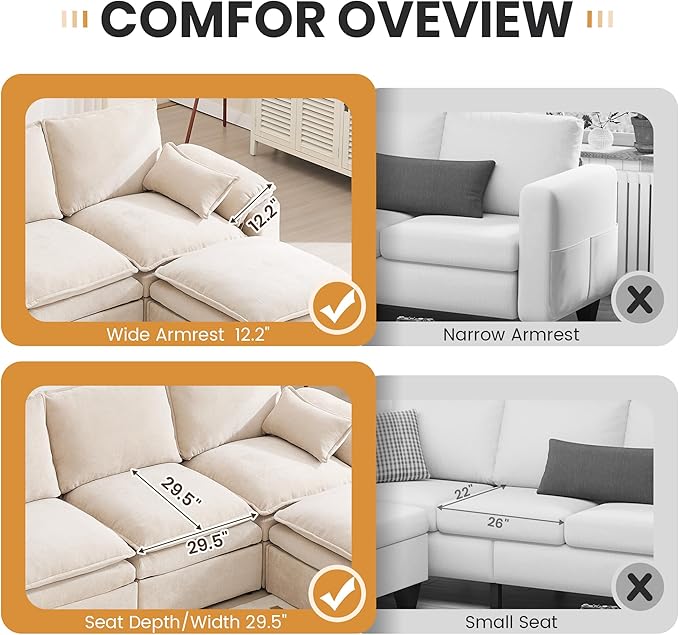 130" U Shaped Modular Sectional Sofa, Couch with Ottoman Storage, Chenille Cloud Couch with Plush Deep Seating for Living Room, Bedroom (Beige, 6 Seat)