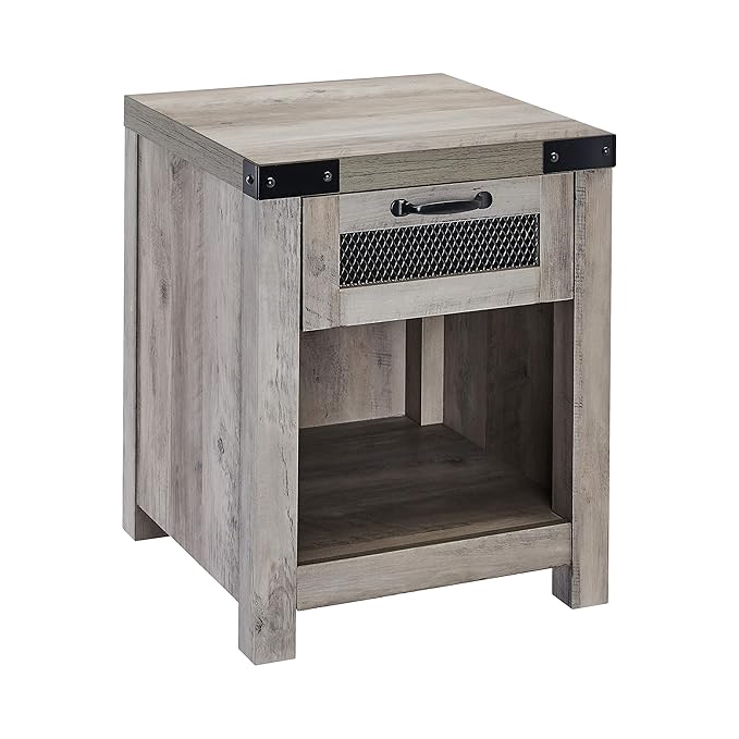 ROCKPOINT End Table with Industrial Style Drawer, Grey Wash