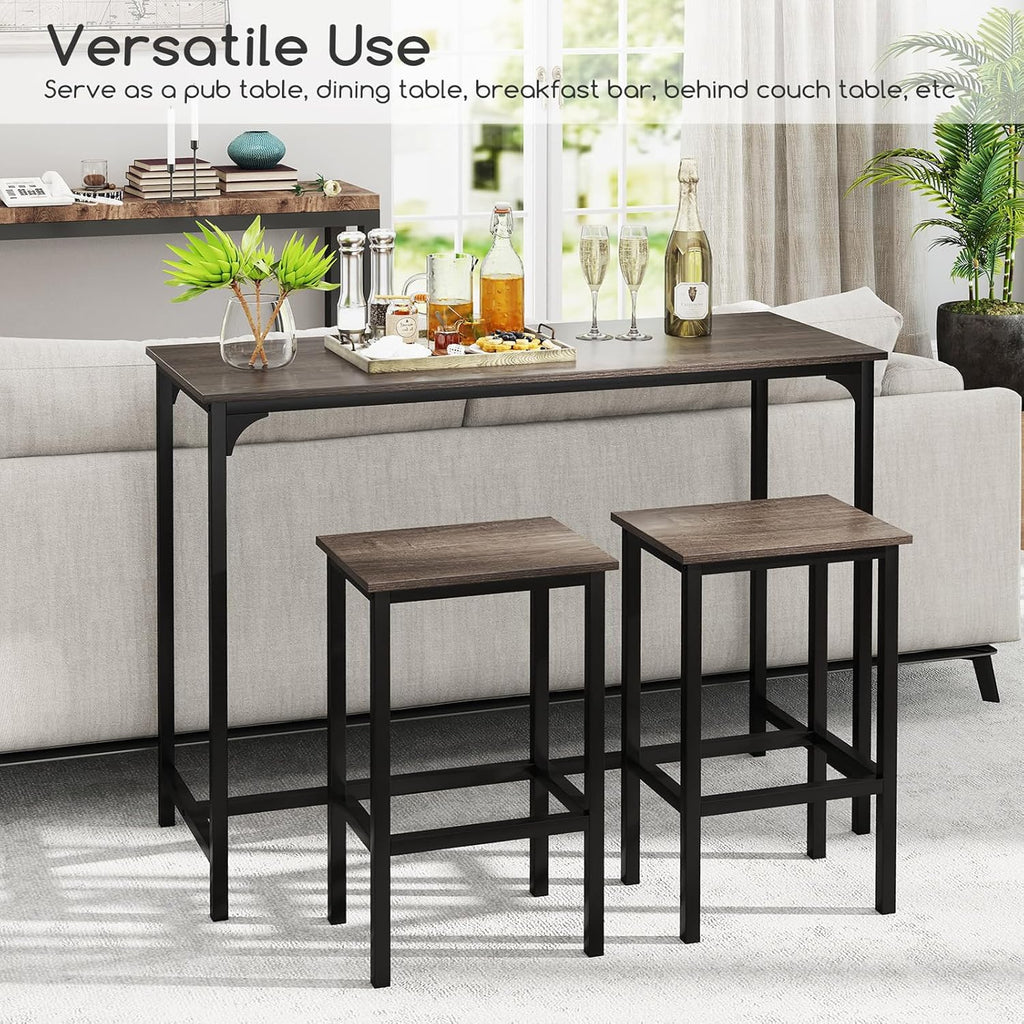 COSTWAY 3-Piece Dining Table Set, 47.5" Industrial Counter-Height Kitchen Table and 2 Bar Stools, High Top Rectangular Pub Table and Chairs for Dining Room Small Place Breakfast Nook Bistro (Grey) | w/ 2 Bar Stools, High Top Rectangular Pub Table and