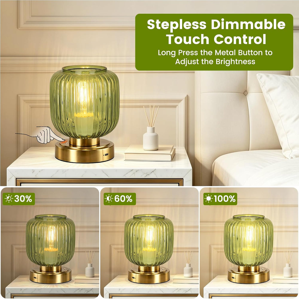 Cordless Table Lamp for Living Room, Small Green Glass Lamp for Bedroom