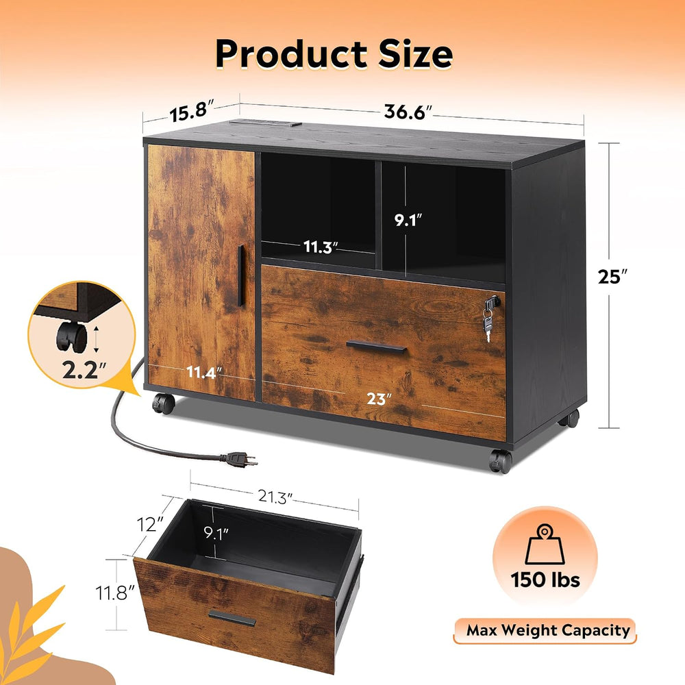 DEVAISE File Cabinet with Charging Station, 1 Drawer Rolling File Cabinet, Lo...