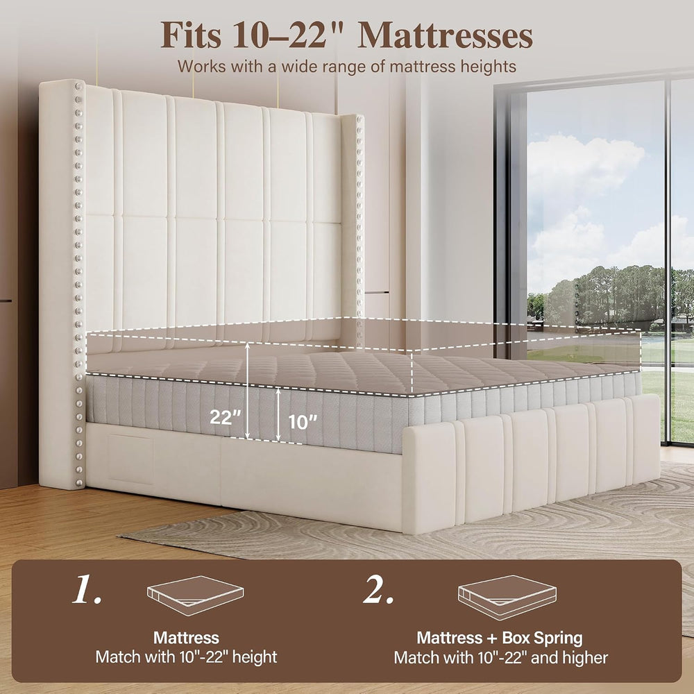 Queen Bed Frame with 65.75" Tall Headboard, Beige