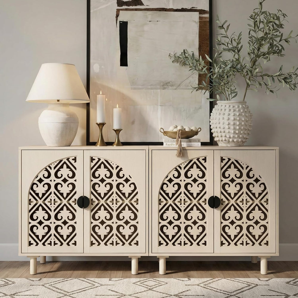 Decorative Storage Cabinet Sideboard with Hollow Carved Panels, 2 Doors, Natu...