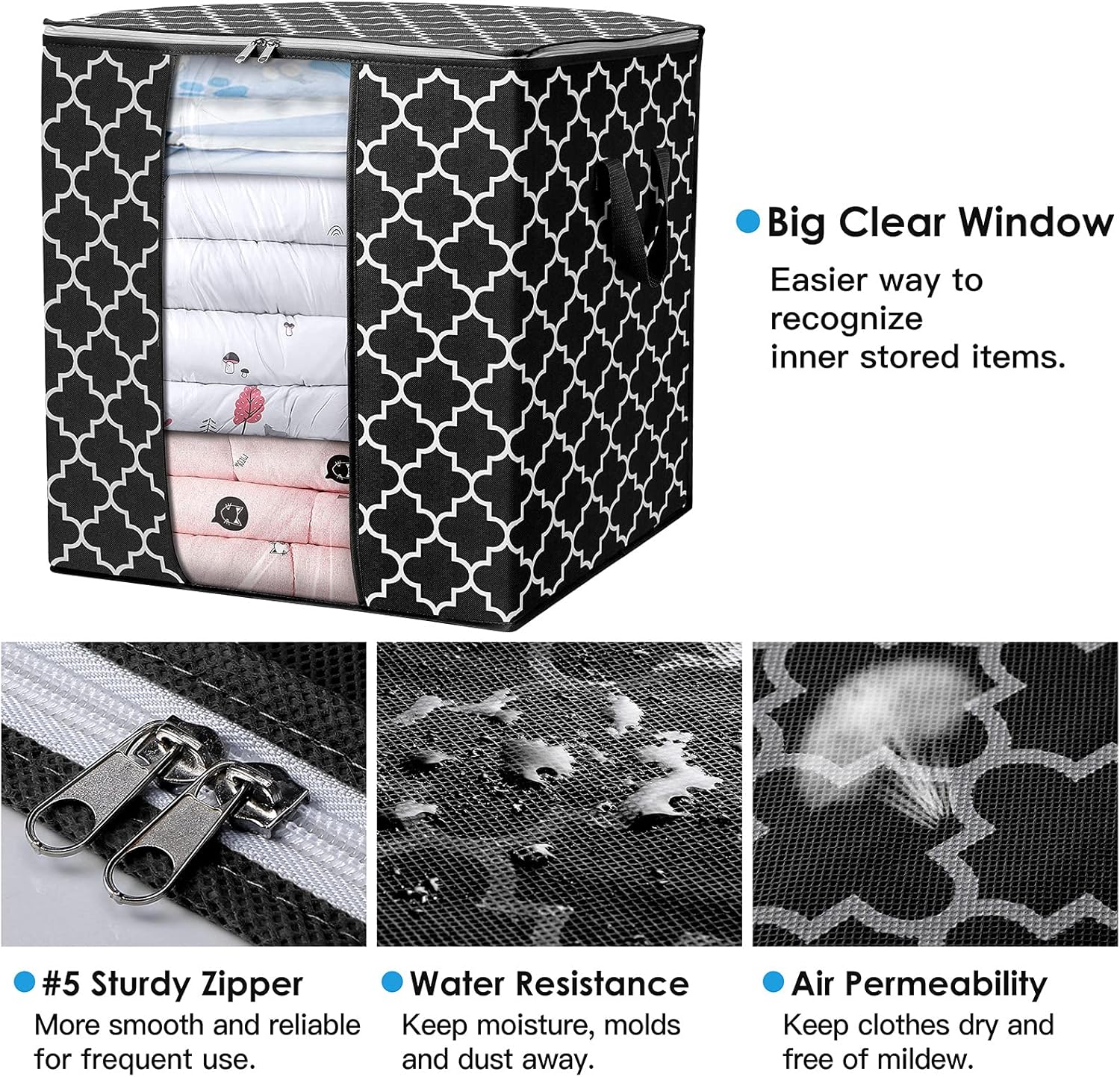 WISELIFE Storage Bags 4 Pack/100L Large Blanket Clothes Organization and Storage Containers for Comforters,Bedding, Foldable Organizer with Reinforced Handle, Clear Window, Sturdy Zippers,Black