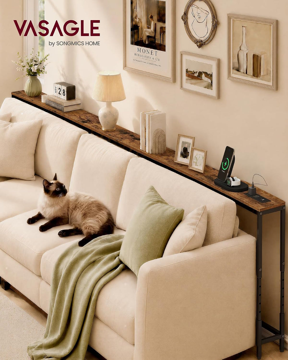 VASAGLE 106.3"Console Table, 25.2-35.2"Height Adjustable, with Powe...