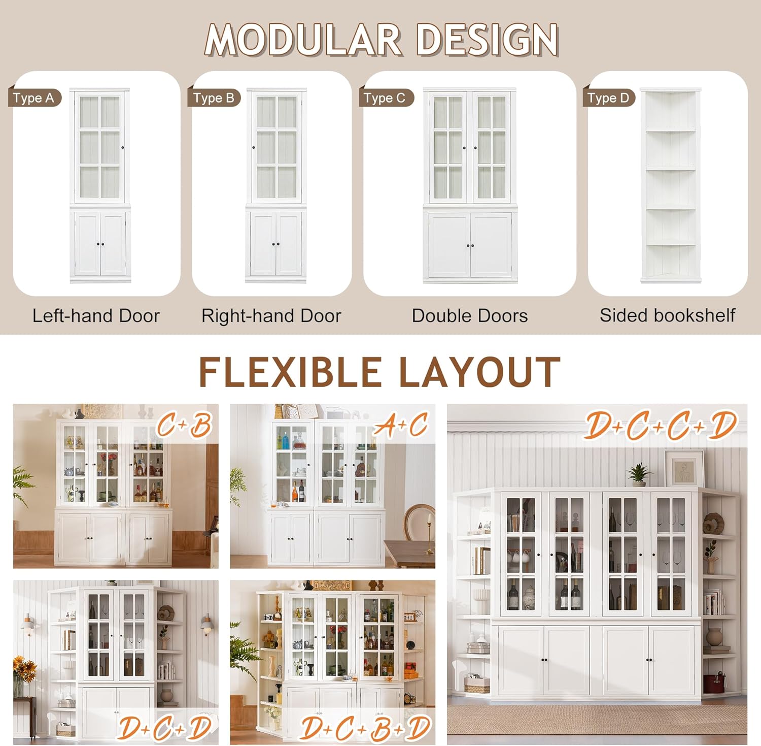 roomfitters 75.25'' Tall Pantry Cabinet with Glass Door, Farmhouse Hutch Display Cabinet with Storage for Kitchen, White