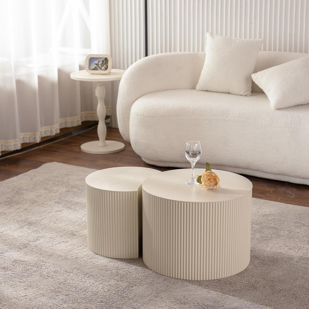 Nesting Coffee Table Set of 2, Round & Crescent Moon Wood Coffee Table an...