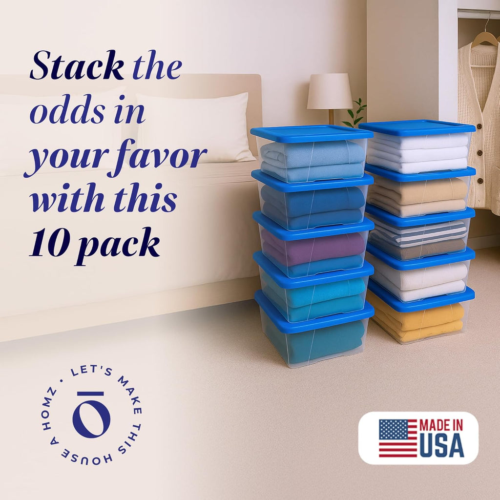 HOMZ 10-Pack Snaplock, Small Clear Plastic Storage Organizer Bins w/Lids, 6 Quart, Blue - Stackable Container Boxes for Bedroom, Bathroom, Garage, and Office Organization