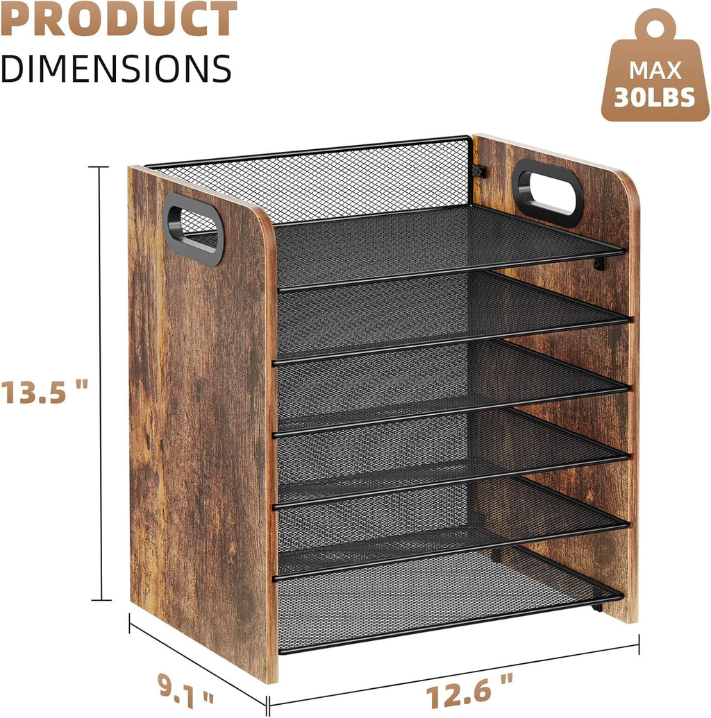 Marbrasse 6 Tier Paper Organizer Letter Tray - Wooden Desk File Organizer with Handle, Paper Sorter Organizer for Letter/A4 Office File Folder Holder
