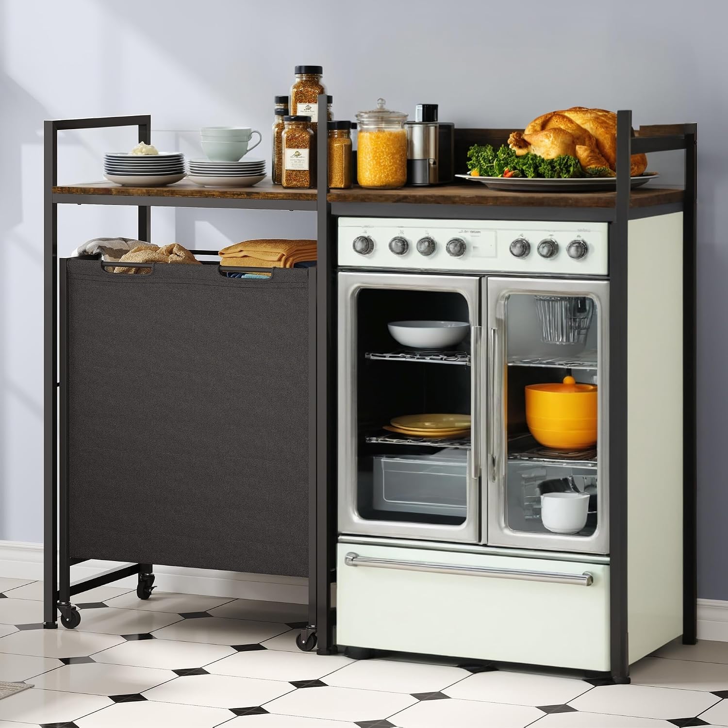 YITAHOME Kitchen Microwave Stand Bakers Rack with Shelf, 55" Large Kitchen Storage Shelf with Rolling Wheeled Storage Baskets/Hooks, Coffee Bar Table Station with Dining Room, Retro Brown