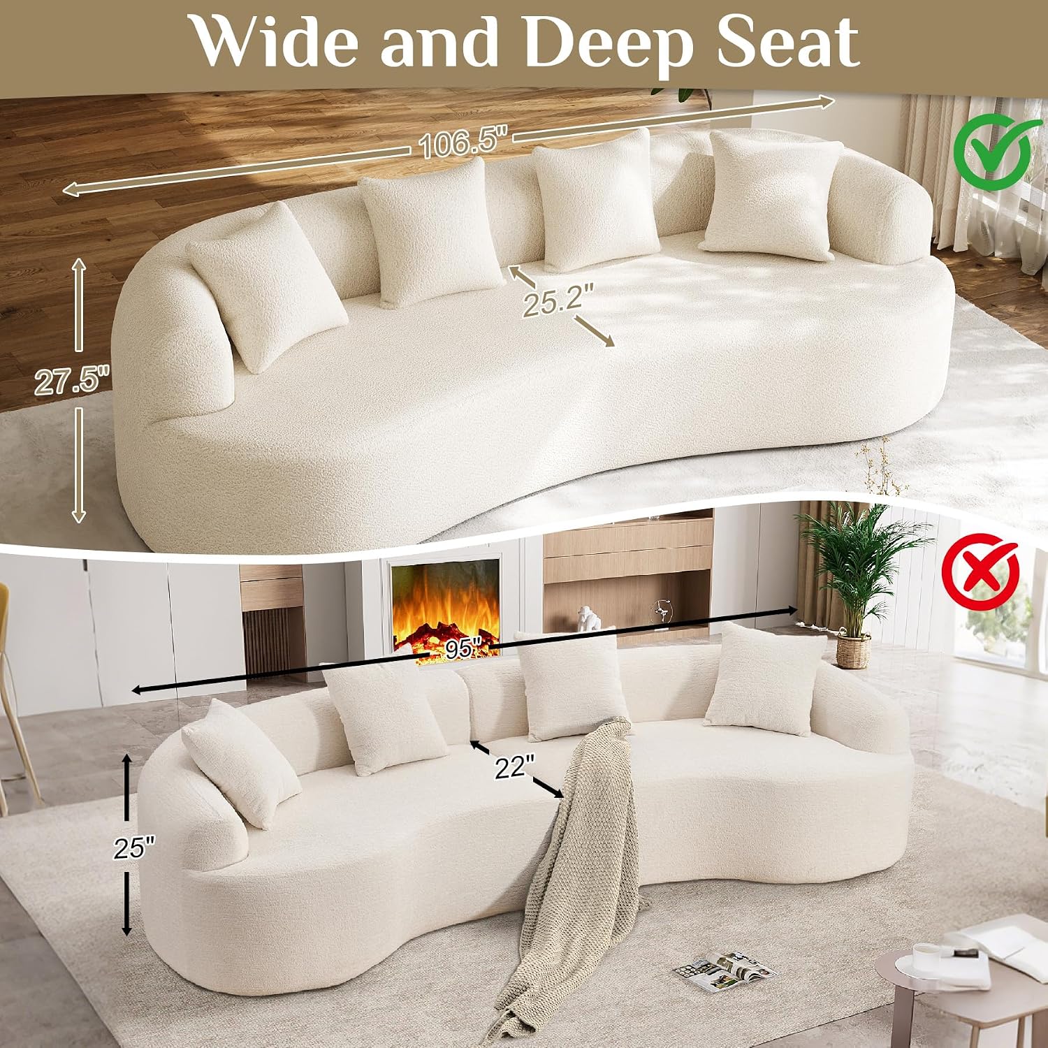 Modern Curved Couch,Oversized 4 Seater Boneless Chenille Sofa,Cream White | Oversized Curved Sofa with Deep Seats,High Foam and 4 Pillows,Cloud Couch for Living Rooms,Bedrooms ,Apartments,No Assembly