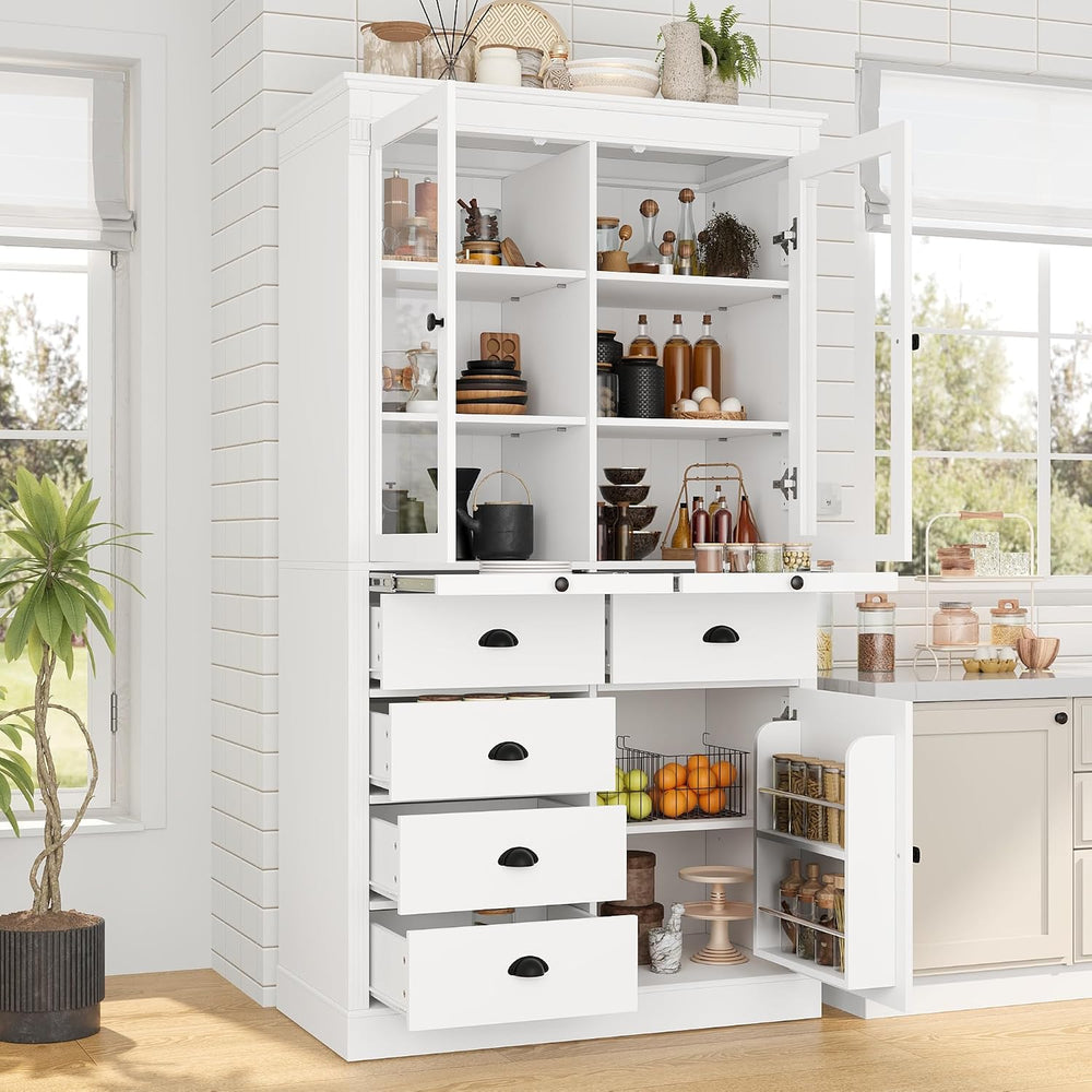 Vintage 72" Freestanding Kitchen Pantry with Glass Doors, Coffee Bar Sta...