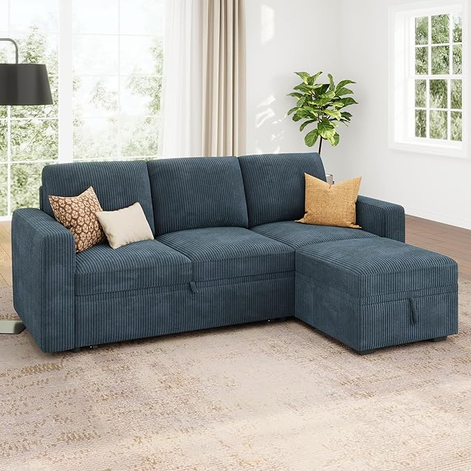 HONBAY Modular Sectional Sleeper Sofa with Pull Out Bed, L Shaped Sofa with Storage, Modular Sectional Couches for Living Room, Blue