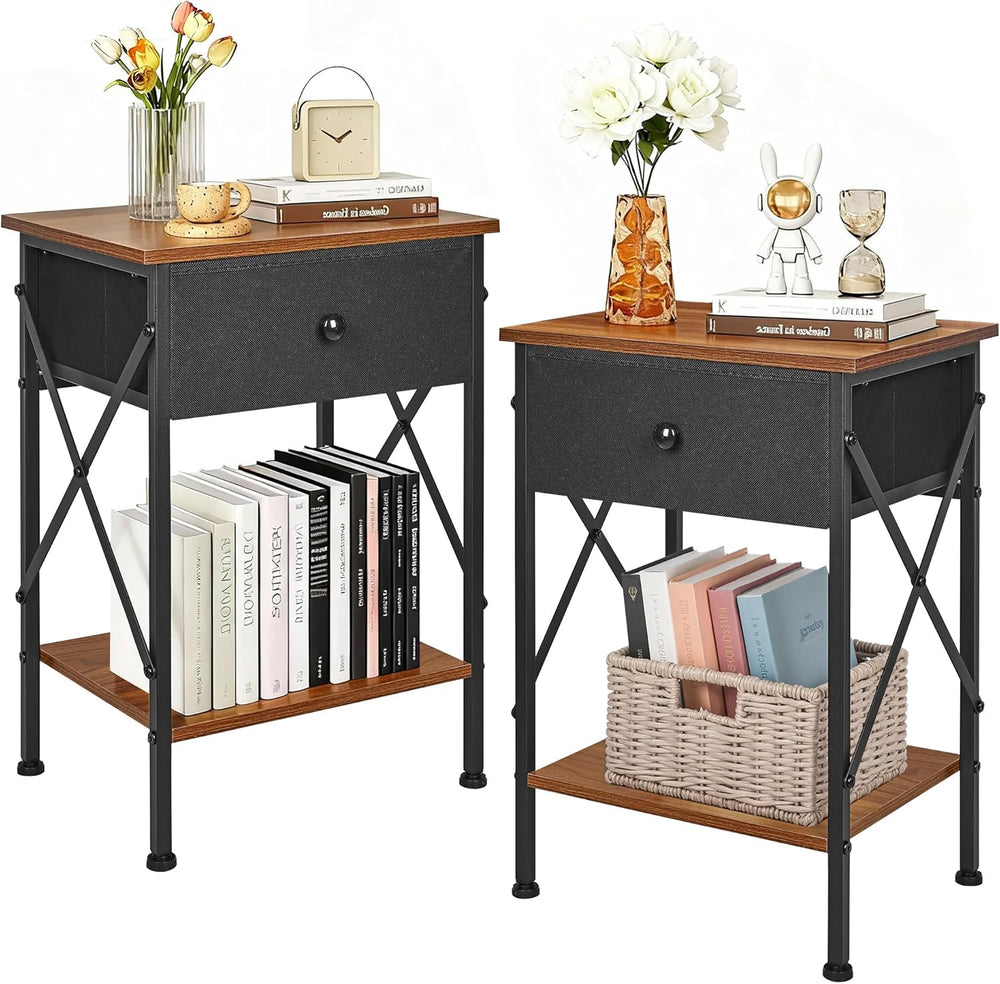 VECELO Nightstand Set of 2, X-Design End Side Table with Fabric Storage Drawe...