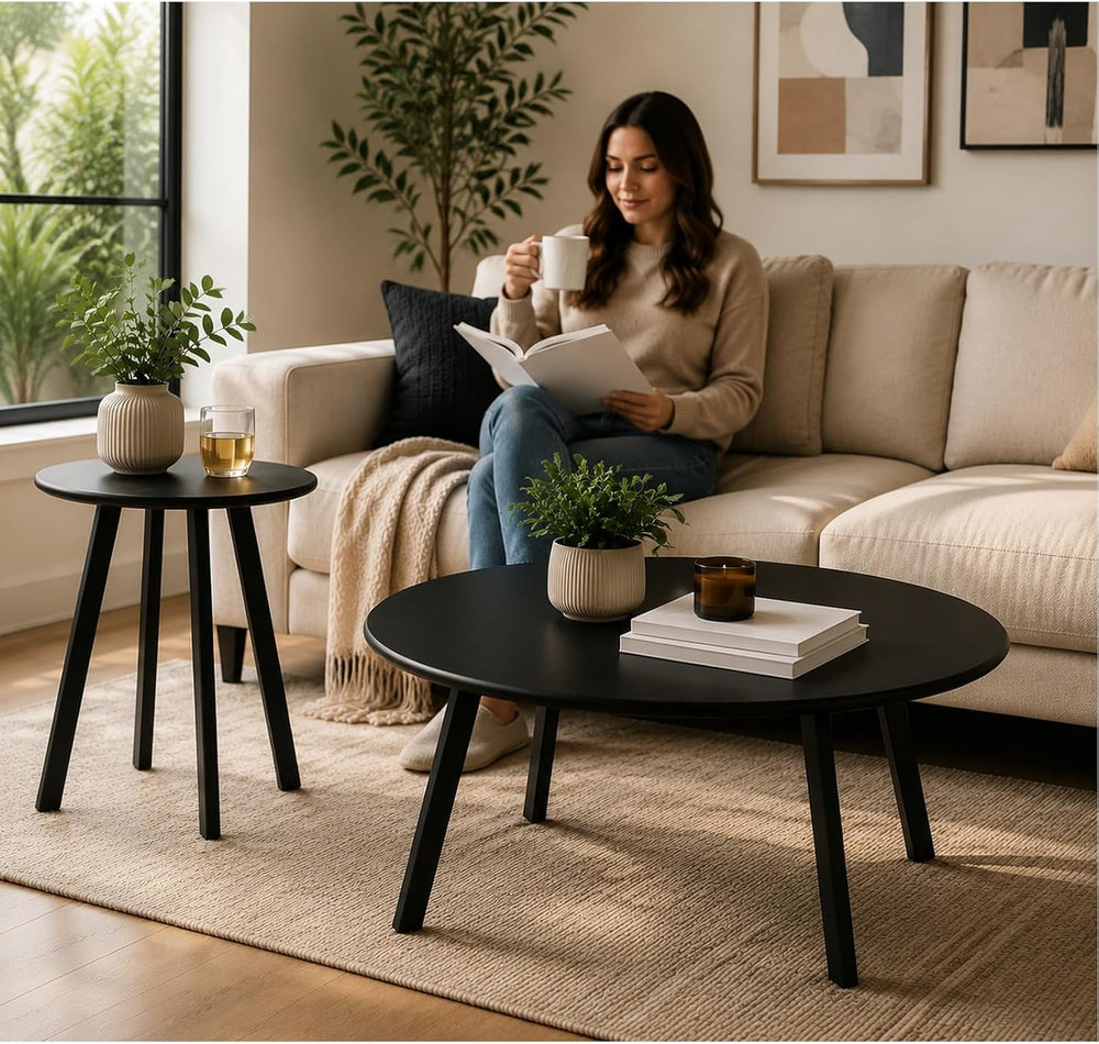 2-Piece Round Nesting Coffee & Side Table Set, Black Metal | Space-Saving...