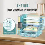 DALTACK Mesh Desk Organizer, 5-Tier Paper Letter Tray with File Holder & Pen Holder & Sliding Drawer, Desktop Organizer and Storage for Desk Accessories Office Supplies, Blue
