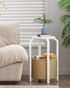 TUTOTAK Round End Table with Woven Storage Basket, White and Beige Small Side Table for Living Room, Bedroom, TB01BWN092