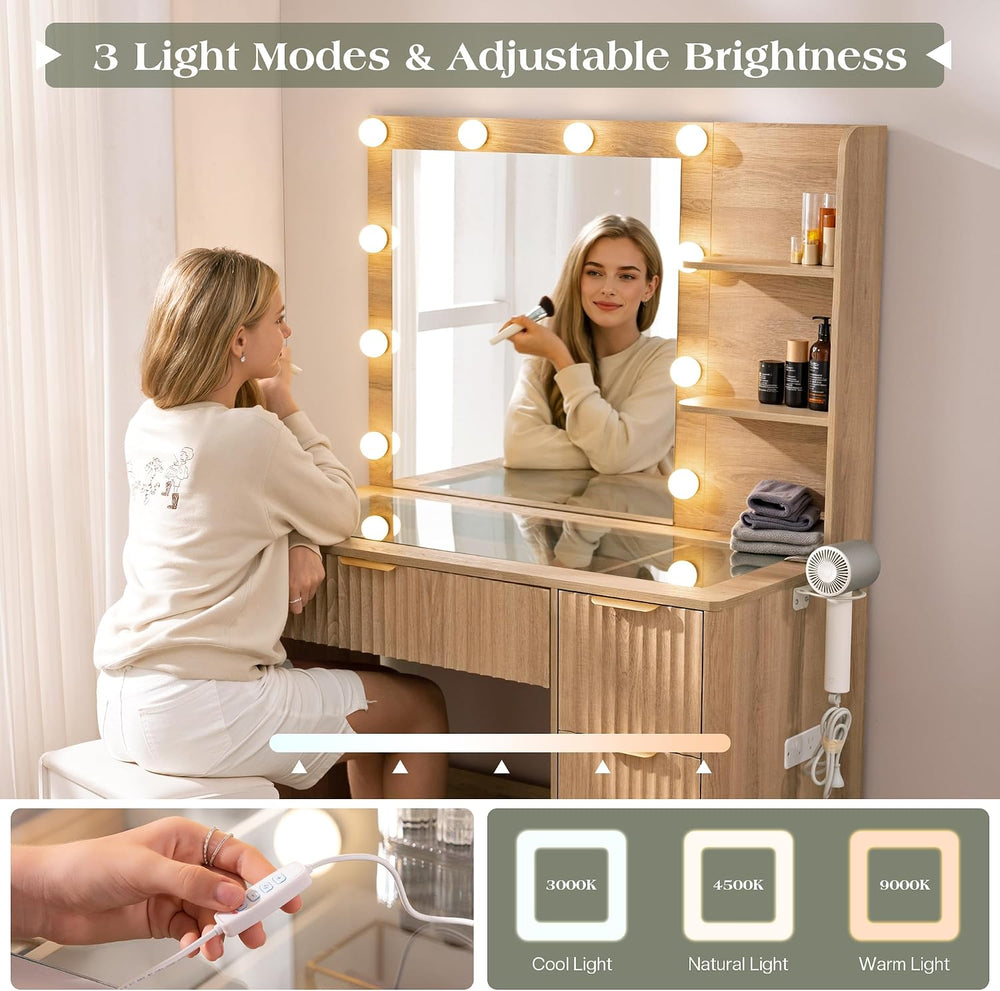 LUXOAK 36" Makeup Vanity Desk with Mirror & LED Lights, Oak | Fluted...