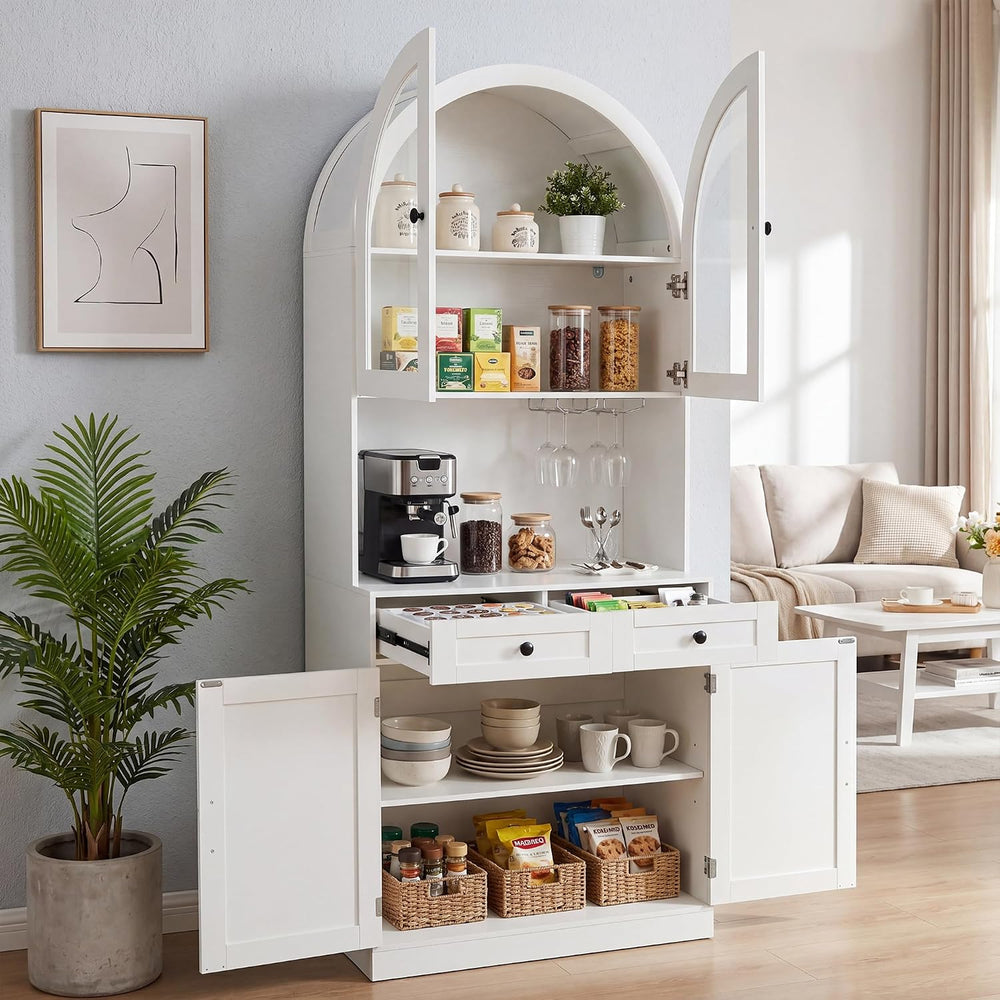 75" Tall Arched Kitchen Pantry Cabinet with Charging Station, Farmhouse ...