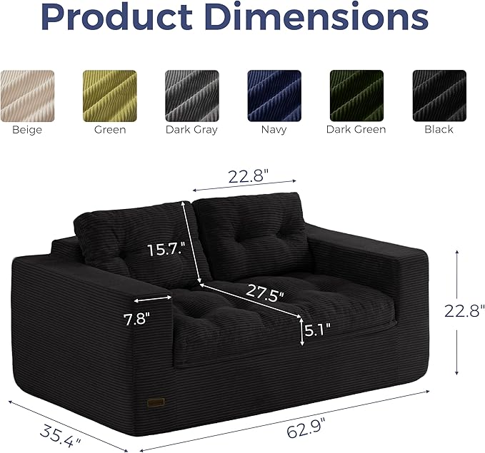 MAXYOYO 63" Loveseat Sofa Couch for Small Spaces, Upholstered Boneless Cloud Couch for Apartment Bedroom, 2-Seater Love Seat Floor Modern Sofa with Pillows, No Assembly Required, Black