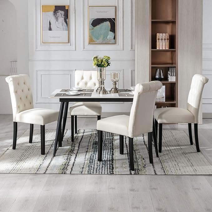 Faux Leather Dining Chairs Set of 6 Upholstered Dining Room Chairs Modern Tufted Accent Chairs Wooden Parsons Side Chairs for Home Kitchen Resturant, Cream