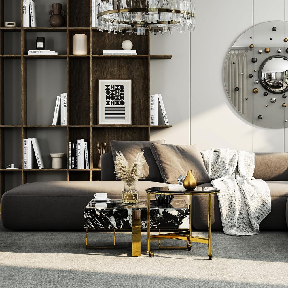 Black Square Coffee Table and Round End Table, Nesting Coffee Table Set of 2,...