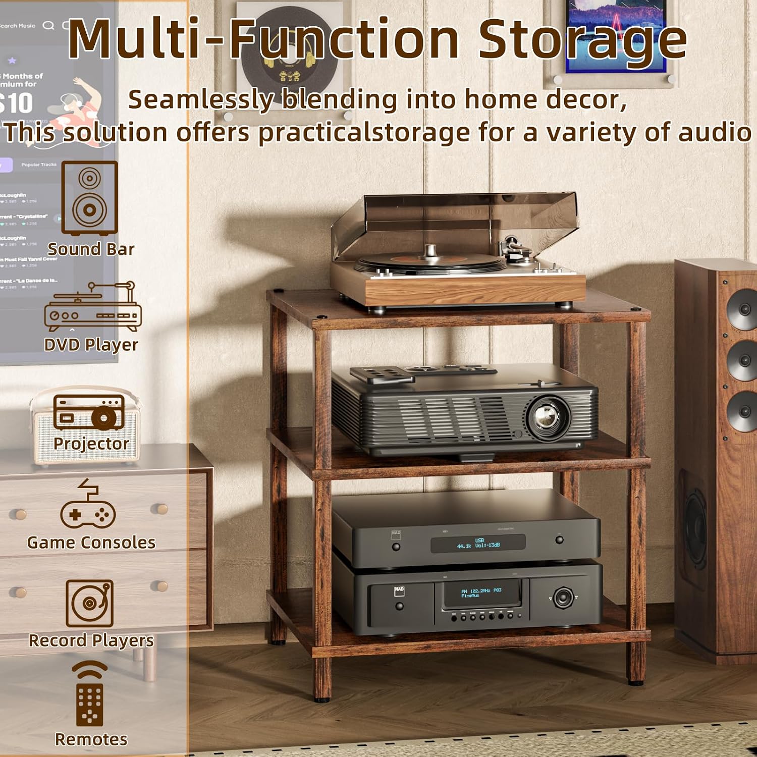 LELELINKY 3-Tier AV Media Player Stand, Brown Stereo Cabinet, Modern Stereo Cabine,Game Console Shelf,Wooden TV Stand,Multifunctional Entertainment Center, Suitable for Home, Conference Room