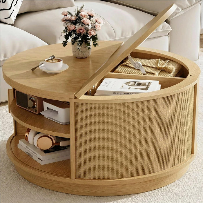 LIKIMIO 31.5" Round Coffee Table with Storage for Living Room, Natural Oak