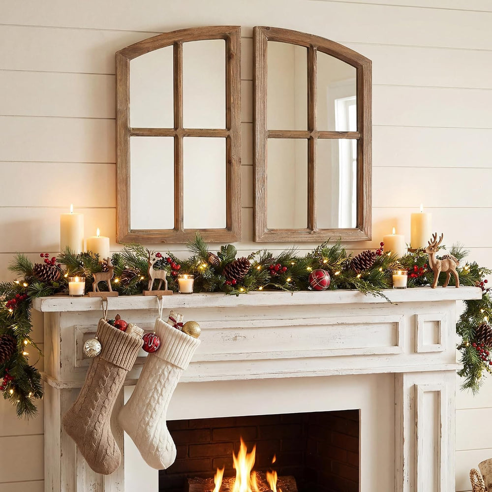 Farmhouse Arched Window Wall Mirrors with Rustic Wood Frame