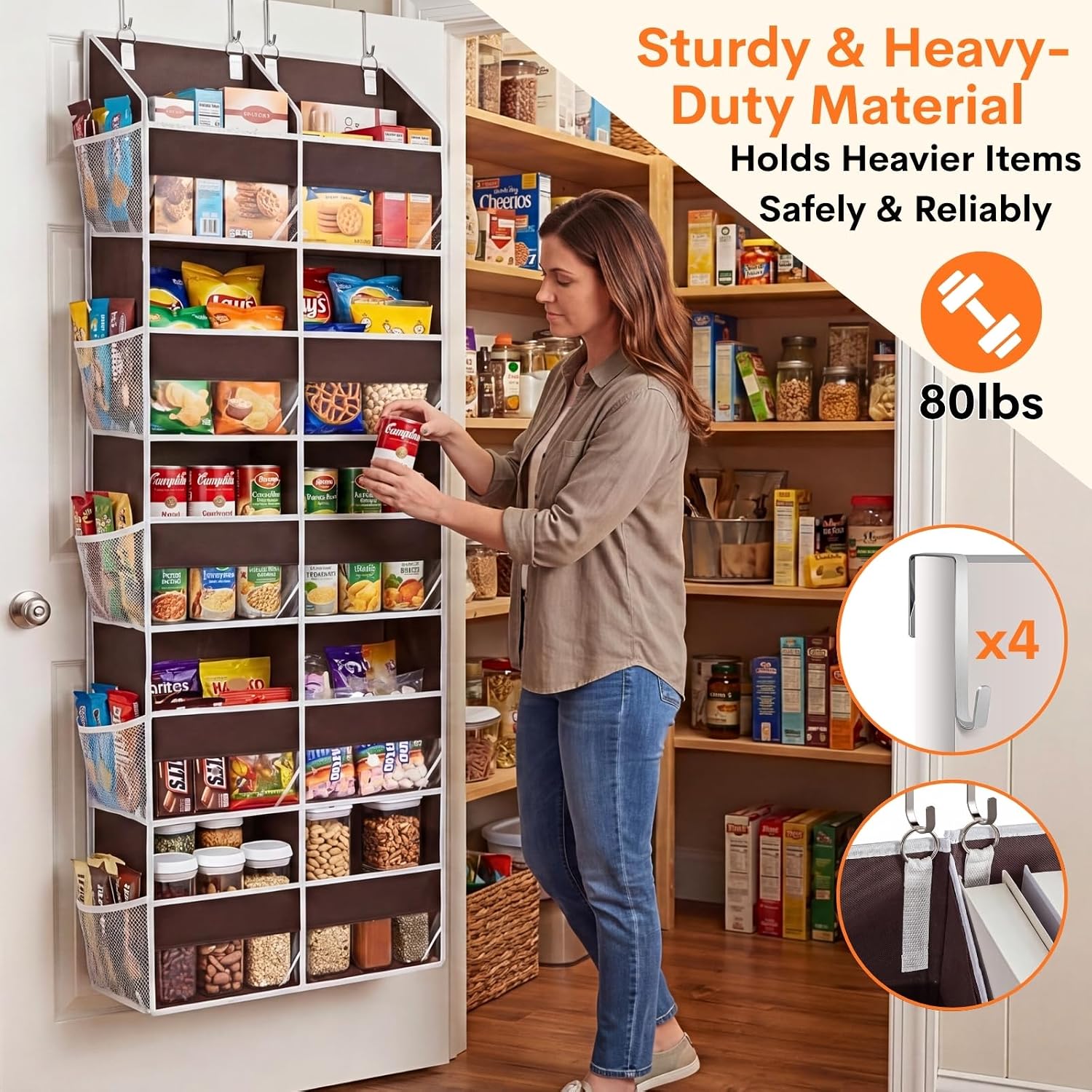 Over the Door Organizer 5 Tiers, Extra Large Behind Door Storage of 10 Compartments, 80 lbs Weight Capacity Over Door Organizer, Door Hanging Organizer for Closet, Diaper Organizer (Brown)