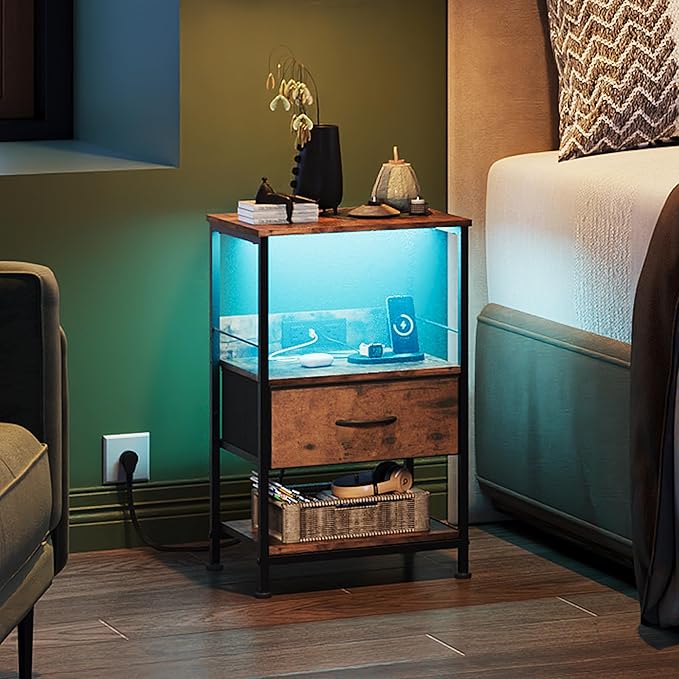 WLIVE Night Stand with Charger Station, LED Nightstand with Adjustable Fabric...