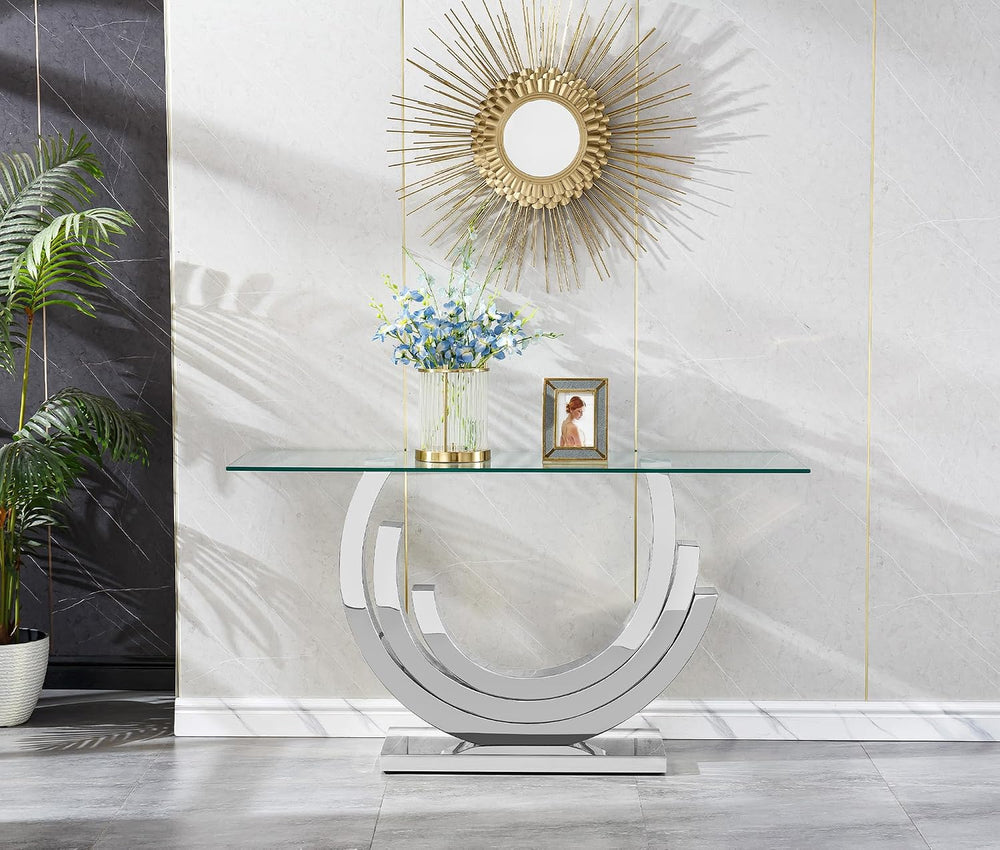 HomVent Glass Sofa Table with Silver Stainless Steel Base | 47"Rectangul...