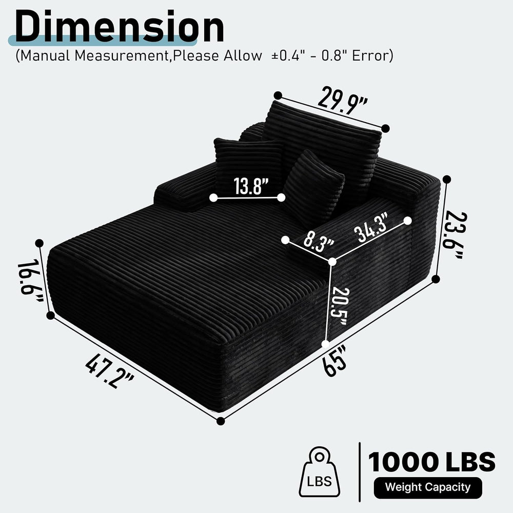65'' Chaise Lounge Chair Indoor, Black Corduroy Sofa Bed, Lounge Chai...