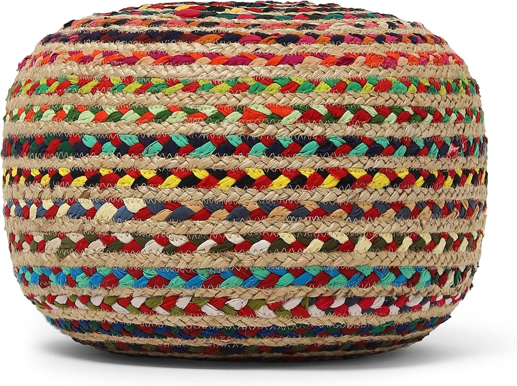 · REDEARTH · Braided Jute Cotton Pouf - Circular Boho Ottoman - Multi | Jute with Cotton Pouf, 19.5"x19.5"x14"; Braided Boho Pouffe, Doubles as Foot Rest for Living Room, Patio, Outdoor, Bedroom