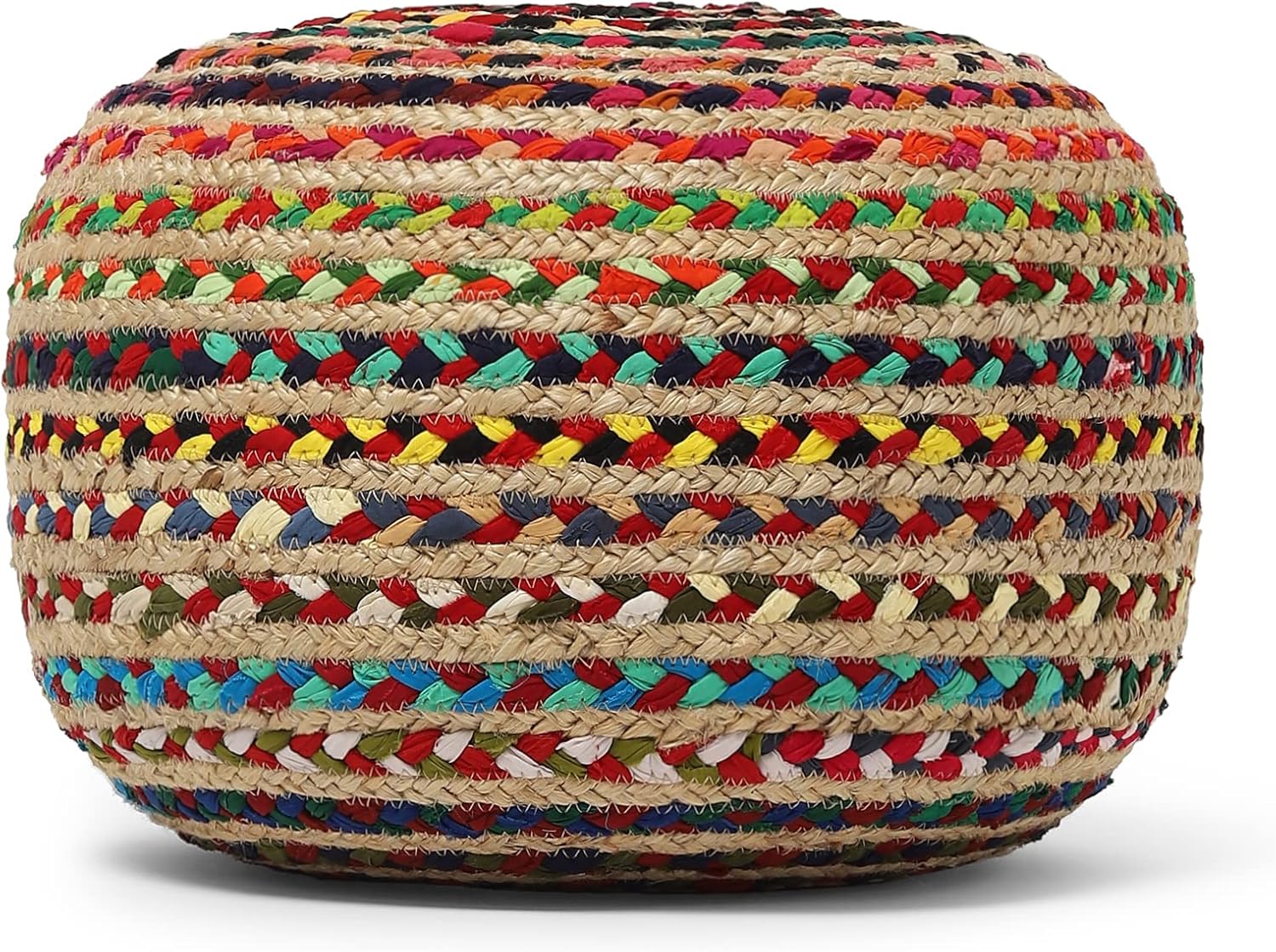 · REDEARTH · Braided Jute Cotton Pouf - Circular Boho Ottoman - Multi | Jute with Cotton Pouf, 19.5"x19.5"x14"; Braided Boho Pouffe, Doubles as Foot Rest for Living Room, Patio, Outdoor, Bedroom