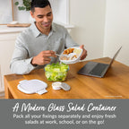 Bentgo Glass All-in-One Salad Container - Large 61-oz Salad Bowl with Lid, 4-Compartment Bento-Style Tray, 3-oz Sauce Container, and Reusable Fork - Dishwasher, Microwave, and Oven Safe (White)