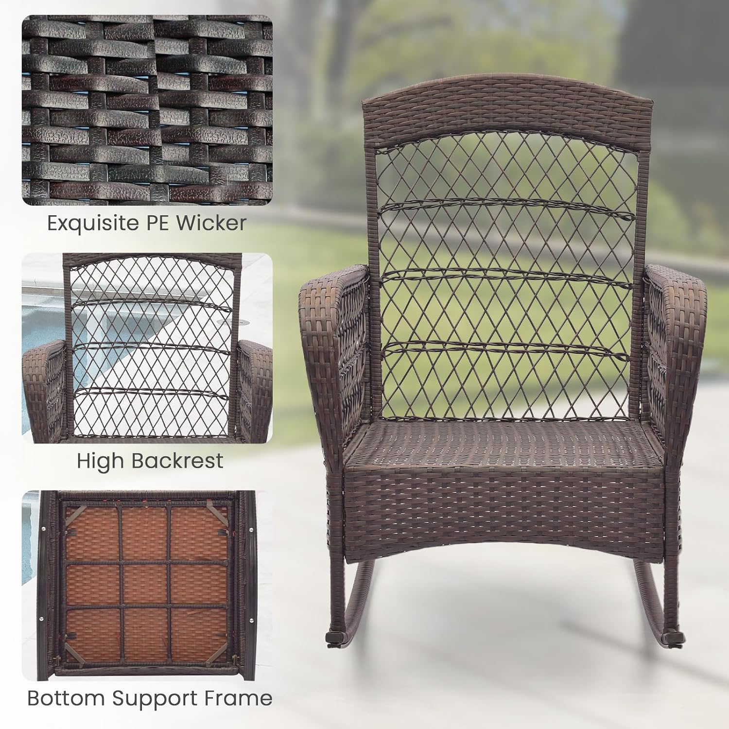 ORALNER 3 Pieces Patio Rocking Chair Set, Wicker Bistro Set (Red) | Outdoor Furniture, Rattan Rocker Set, Cushions, Pillows, Glass Coffee Table, for Balcony Front Porch Poolside Garden Deck