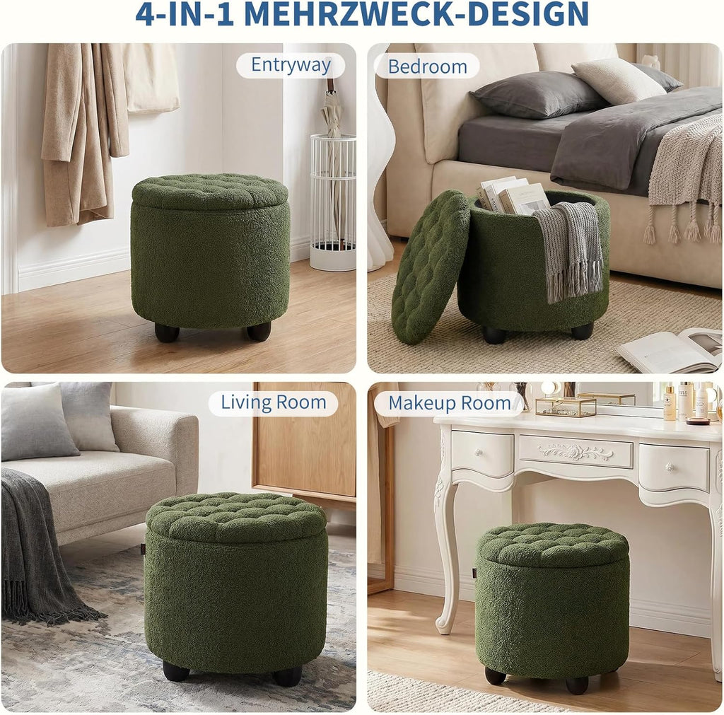 Furniliving Modern Round Storage Ottoman, Upholstered Button Tufted Ottoman Footstool Ottomans with Removable Lid Storage Footstool for Living Room, Bedroom, Makeup Room, Teddy, Green