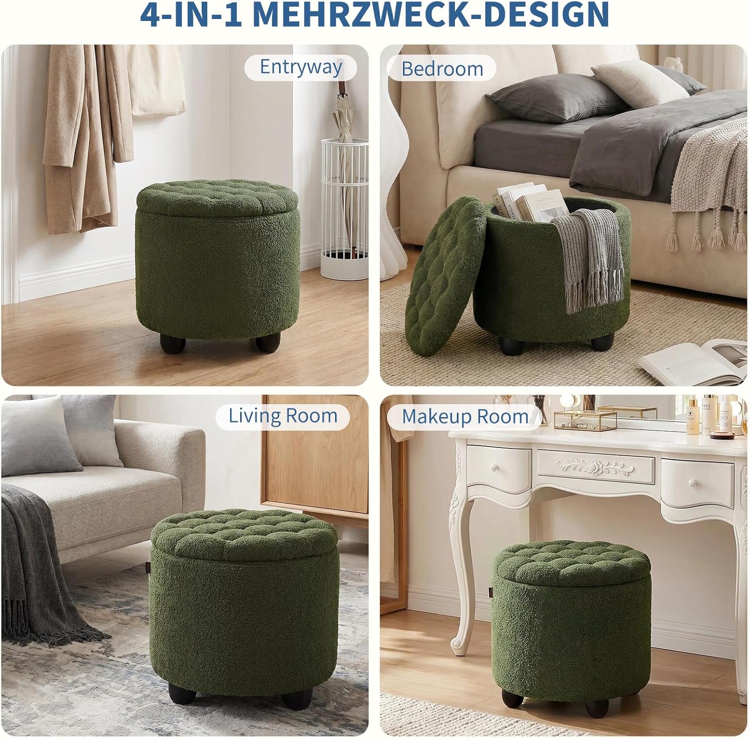 Furniliving Modern Round Storage Ottoman, Upholstered Button Tufted Ottoman Footstool Ottomans with Removable Lid Storage Footstool for Living Room, Bedroom, Makeup Room, Teddy, Green