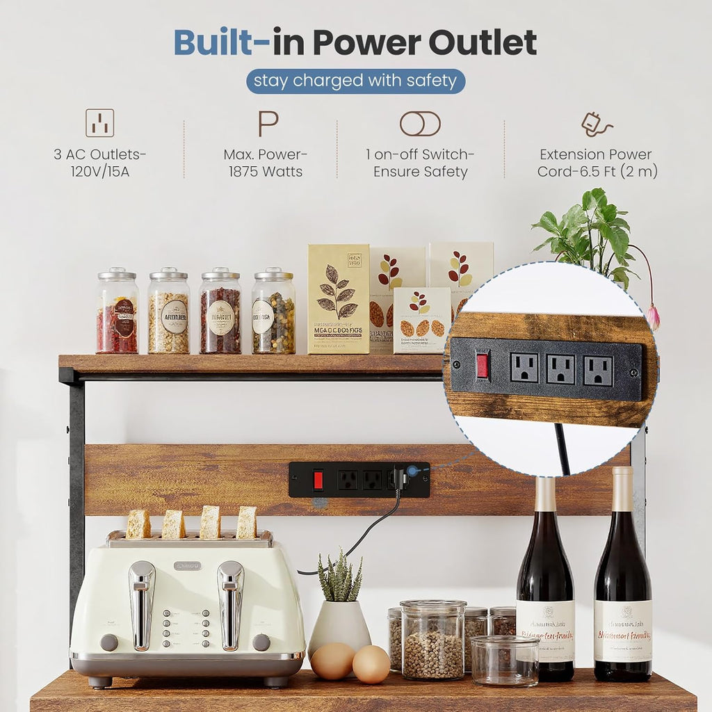 DUMOS Small Bakers Rack with Power Outlet for Kitchen Storage, 23.6" Microwave Stand, Appliance Organizer with 3 Adjustable Tiers for Small Apartment, Coffee Station, Counter Space Saving, Brown