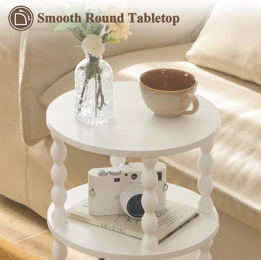AWASEN Small Round Side Table, White End Table with 3-Tier Open Shelf for Sma...